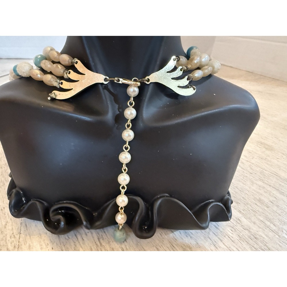 Vintage 1960s Japan Aqua Blue White Pearl Beaded Necklace Clip On Earrings Set - Picture 6 of 15